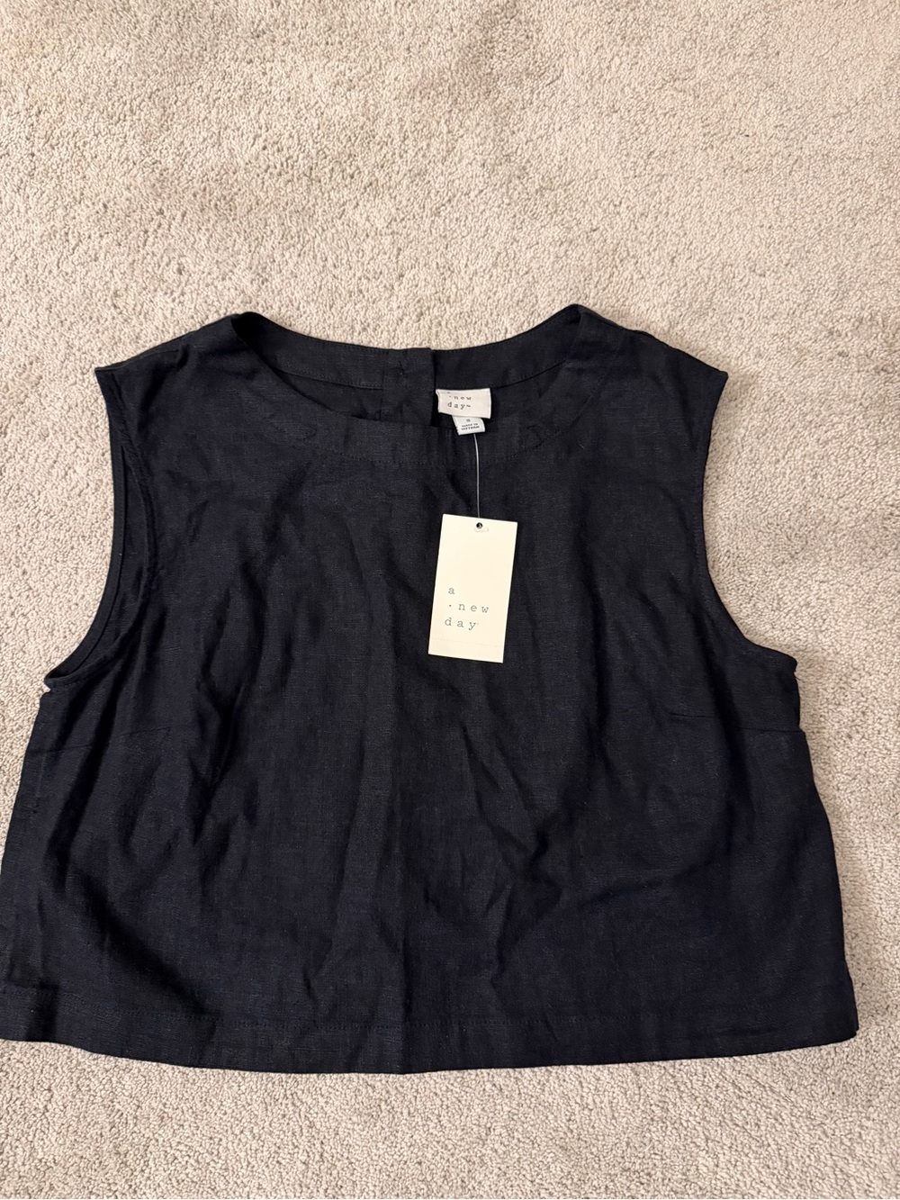 NWT a new day Black Boxy Crop Sleeveless Tank Linen Blend Button back Top Sz S